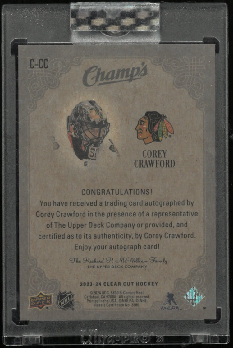 2023-24 Upper Deck Clear Cut Champ's Autograph Corey Crawford Auto 