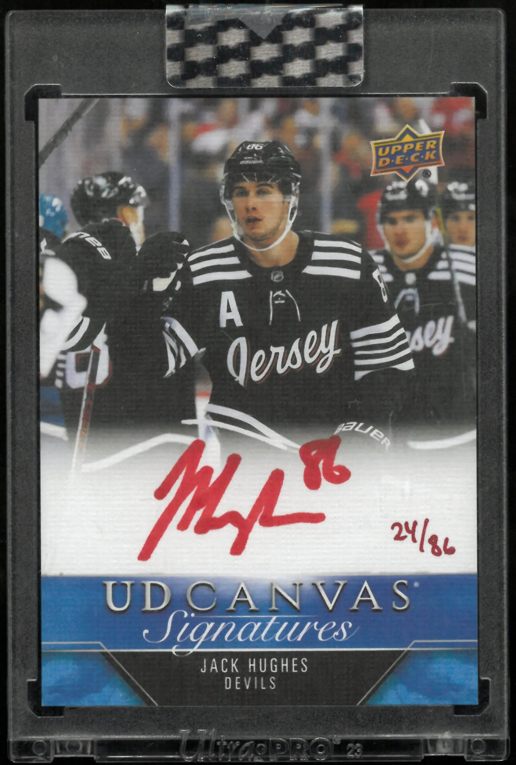 2023-24 Upper Deck Clear Cut Hockey Jack Hughes UD Canvas Red Auto /86 