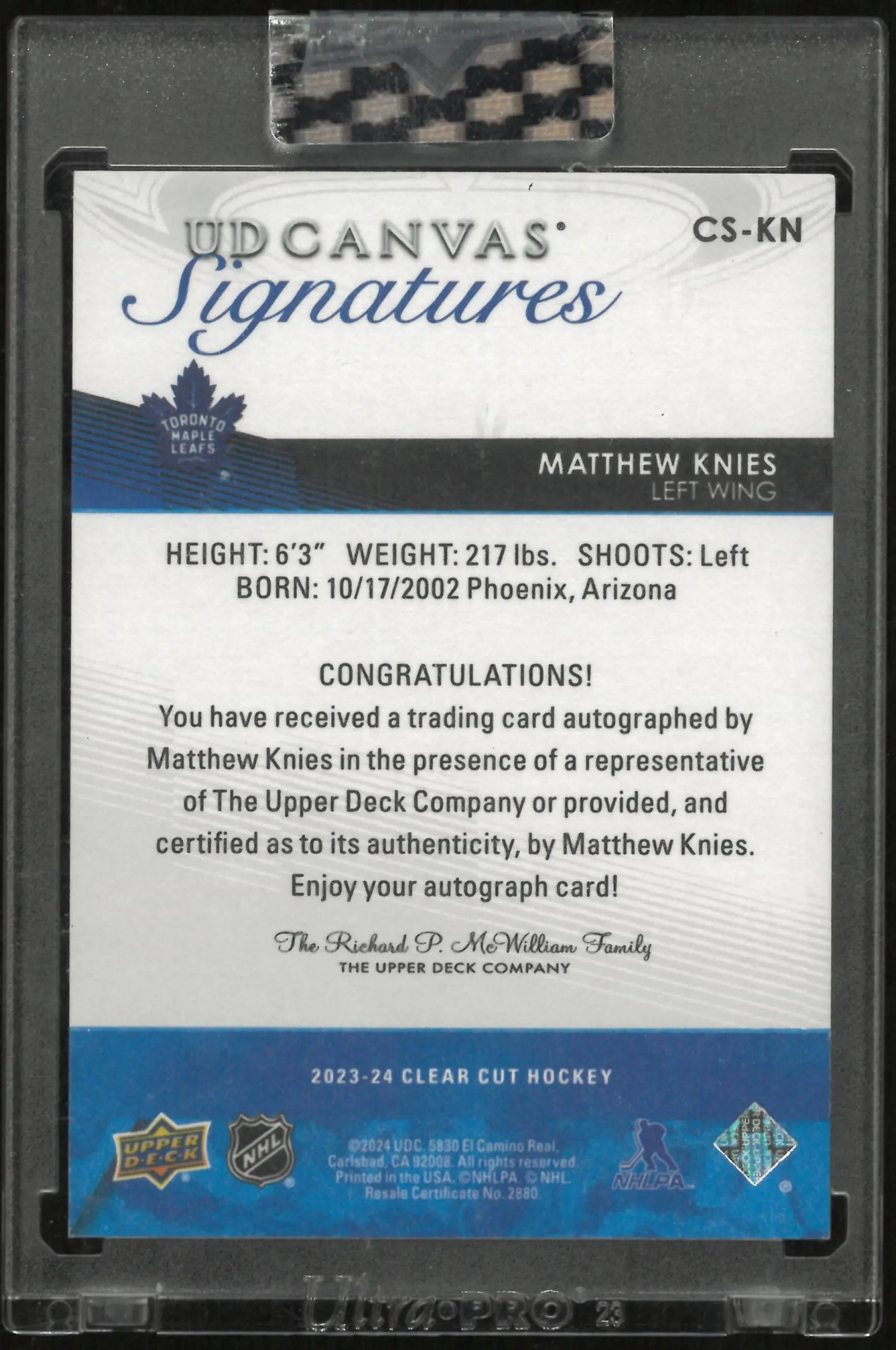 2023-24 Upper Deck Clear Cut Hockey Matthew Knies UD Canvas RC Gold Auto 1/1 