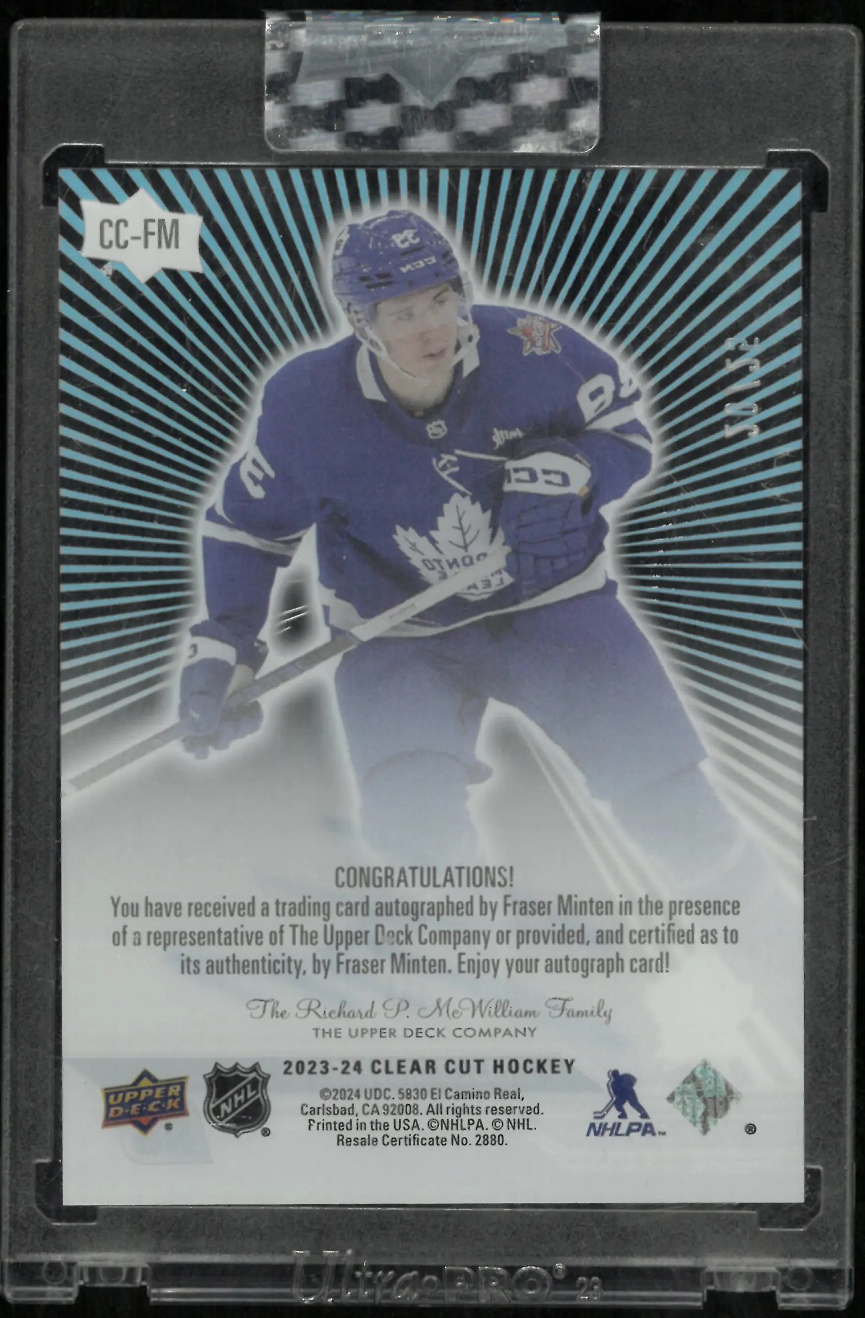 2023-24 Upper Deck Clear Cut Hockey Outburst Rookie Auto Fraser Minten /25 