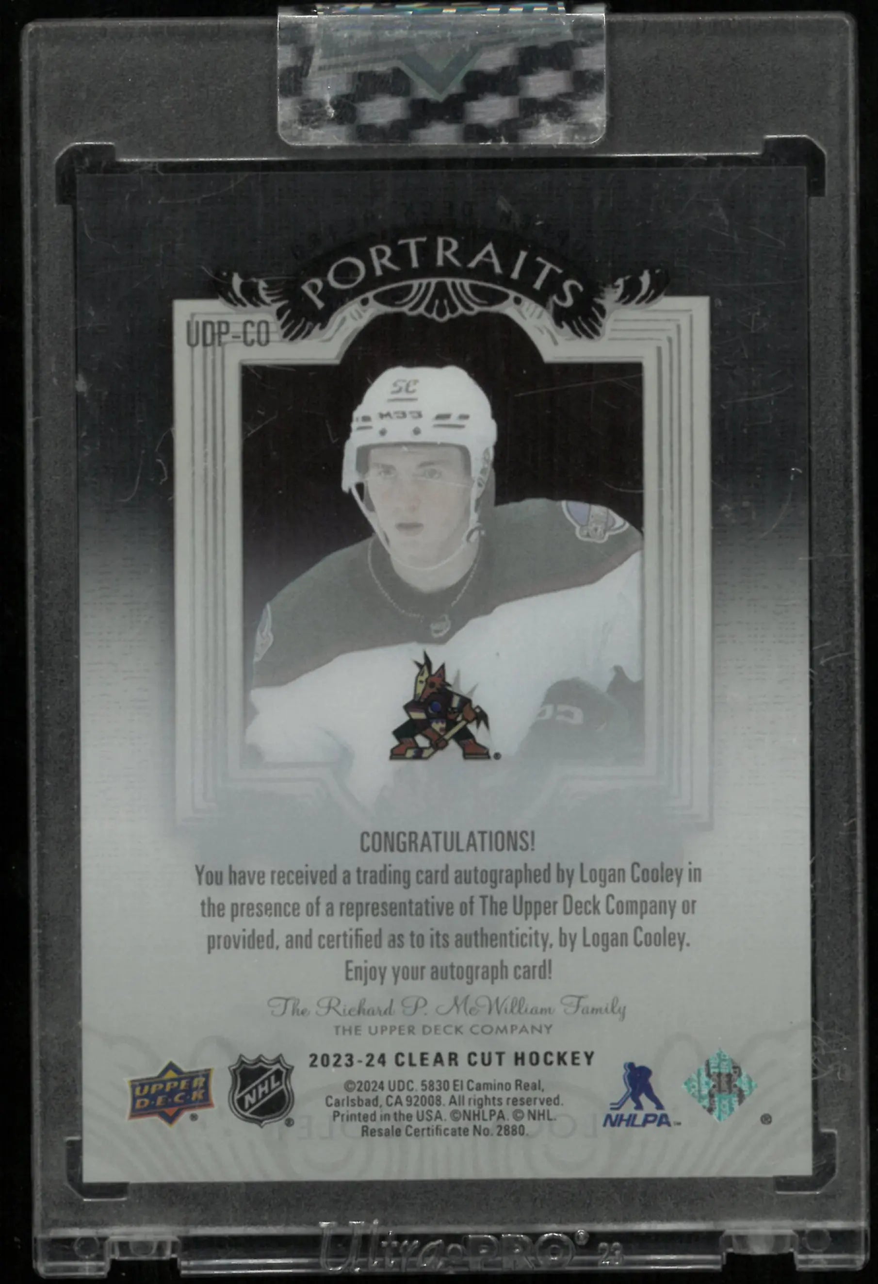 2023-24 Upper Deck Clear Cut Logan Cooley RC Rookie UD Portraits Auto 