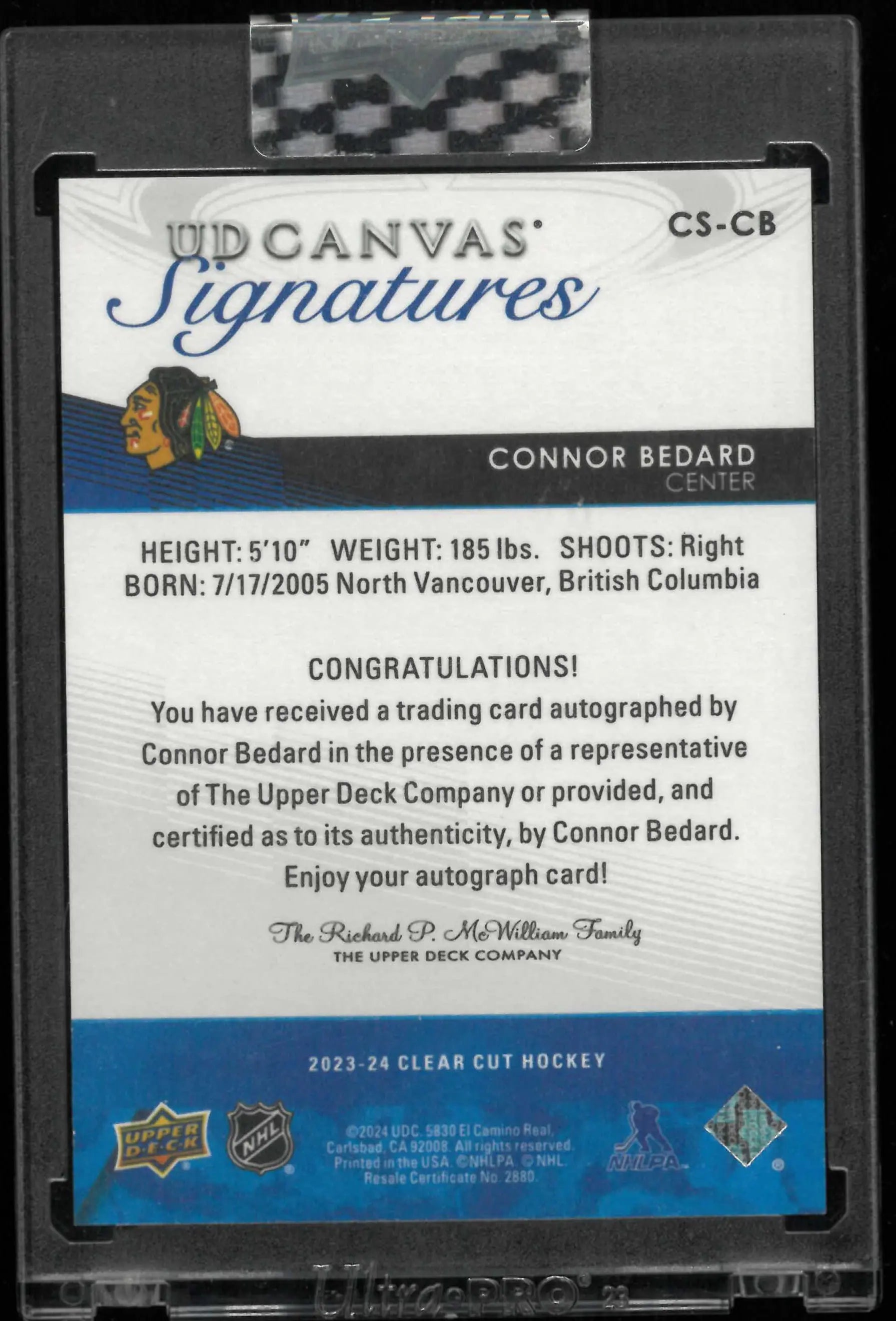 2023-24 Upper Deck Clear Cut UD Canvas Rookie Autograph Connor Bedard Auto RC 