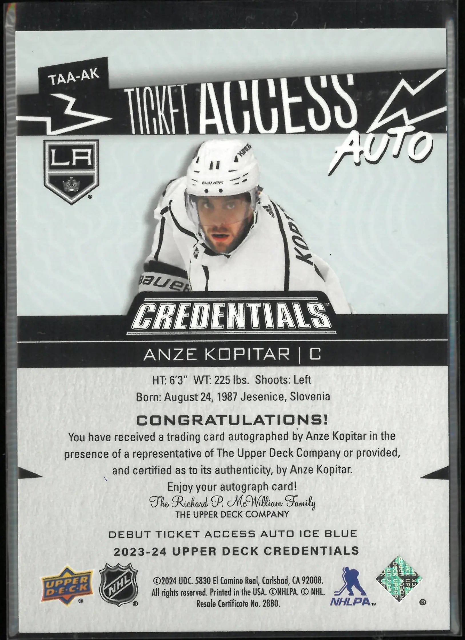 2023-24 Upper Deck Credentials Debut Ticket Access Auto Ice Blue Anze Kopitar 