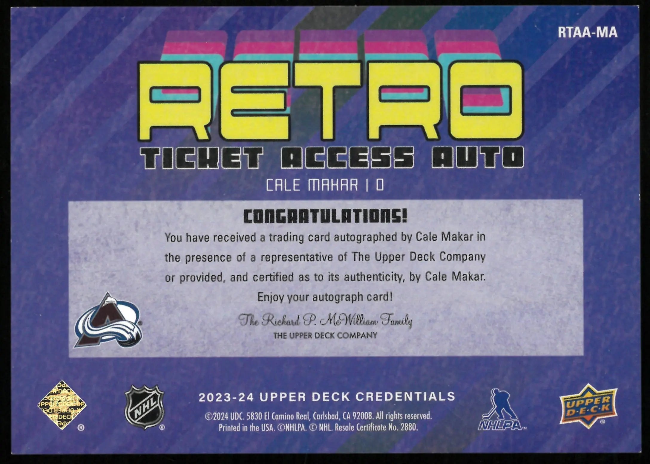 2023-24 Upper Deck Credentials Retro Red Ticket Access Auto Cale Makar /10 