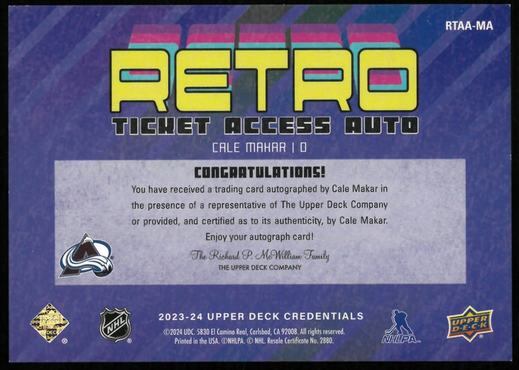 2023-24 Upper Deck Credentials Retro Red Ticket Access Auto Cale Makar /10 