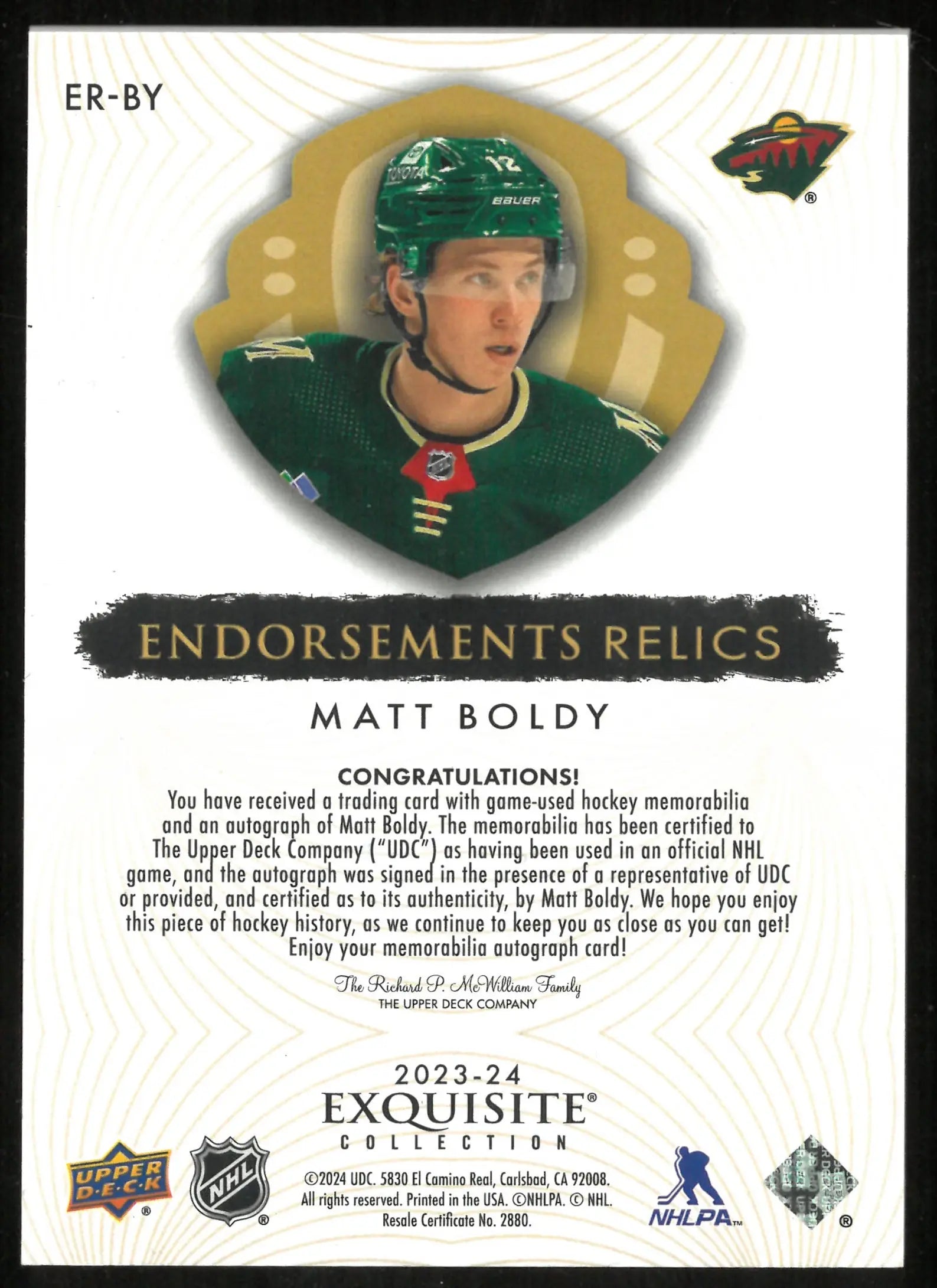 2023-24 Upper Deck Exquisite Collection Endorsements Relics Auto Matt Boldy /50 