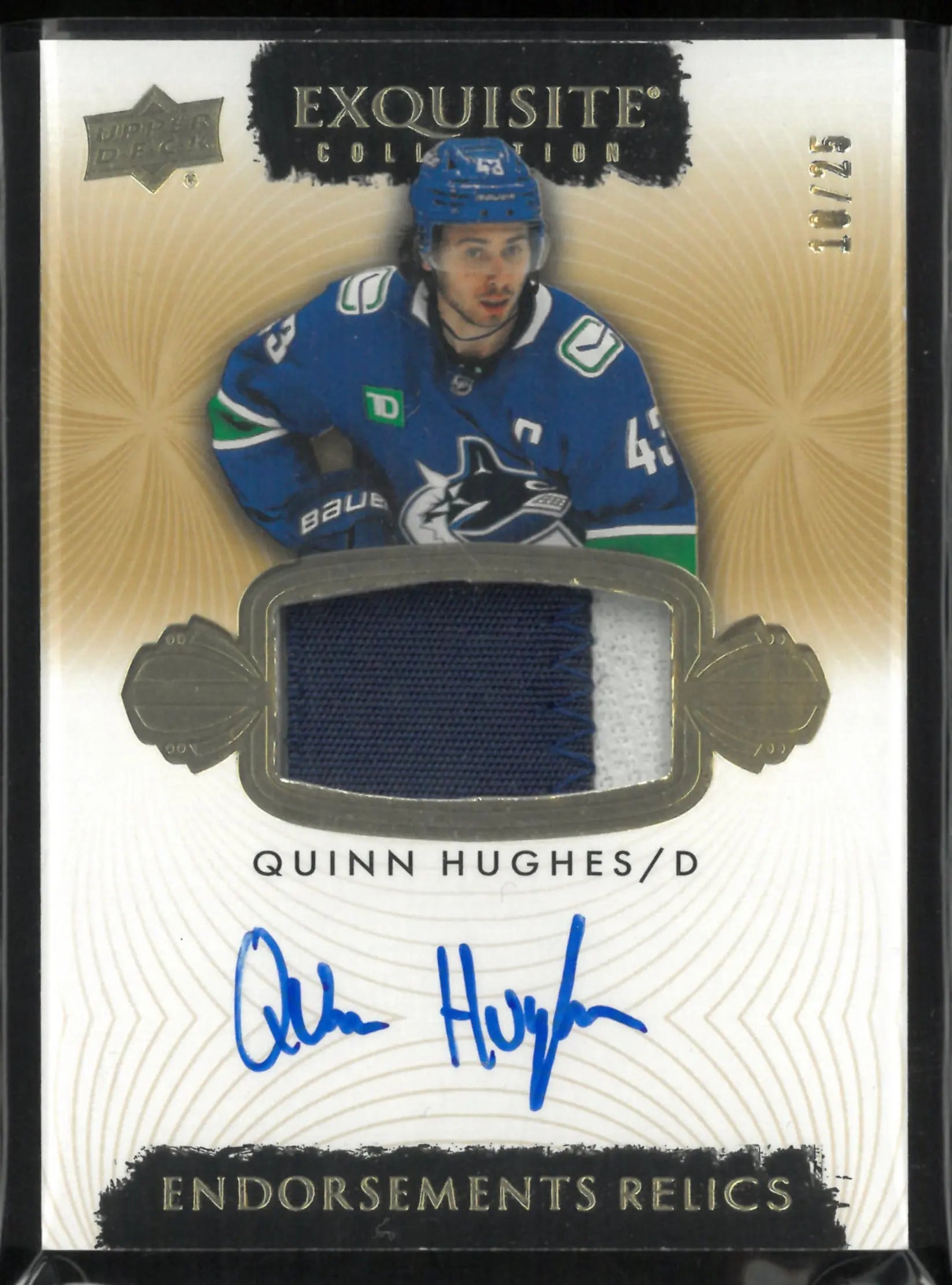 2023-24 Upper Deck Exquisite Collection Endorsements Relics Quinn Hughes Auto Patch /25 