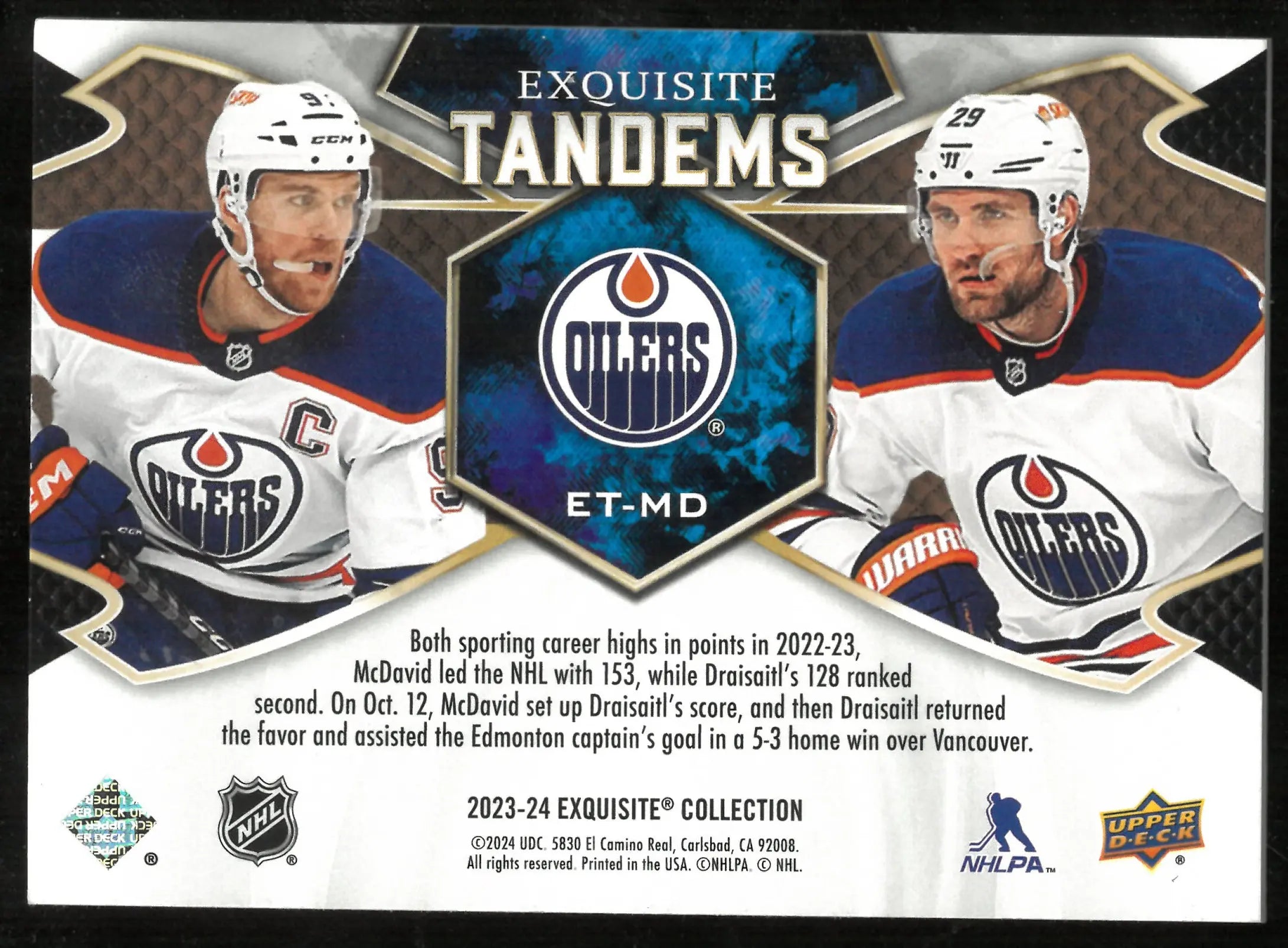 2023-24 Upper Deck Exquisite Collection Exquisite Tandems McDavid Draisaitl /5 