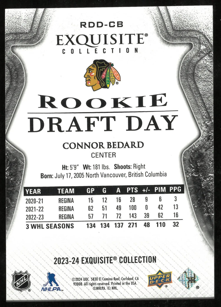 2023-24 Upper Deck Exquisite Collection Rookie Draft Day Connor Bedard /349 