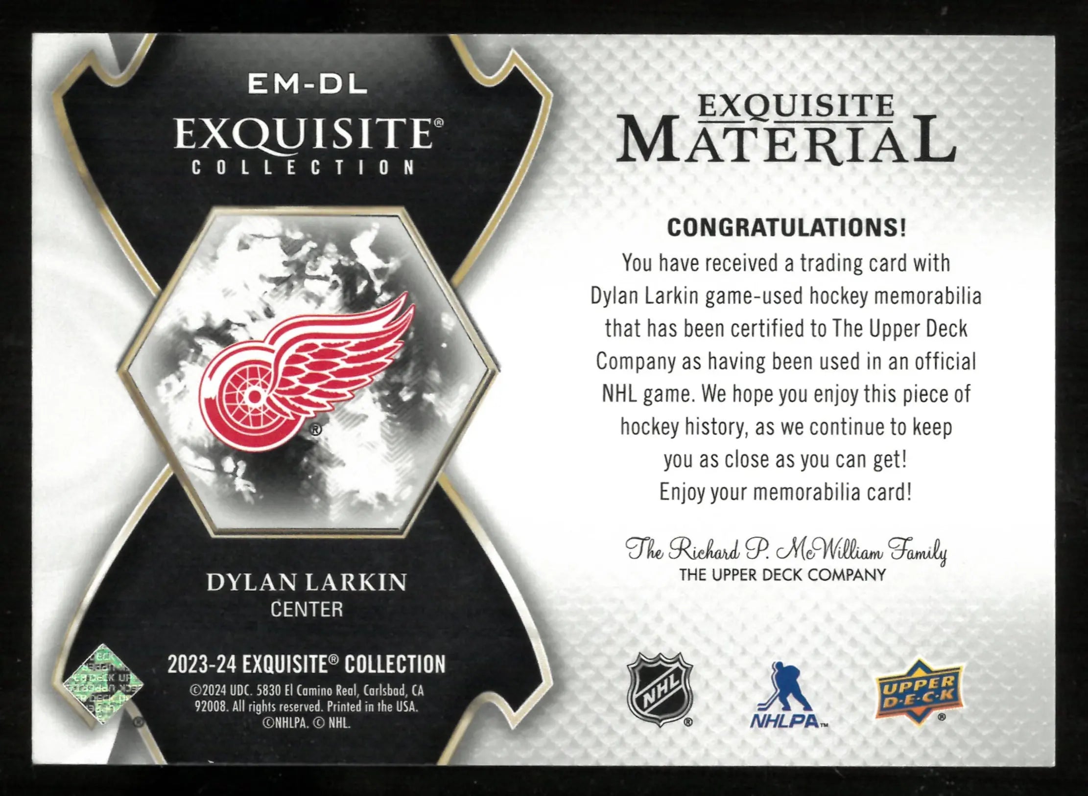 2023-24 Upper Deck Exquisite Material Patch Dylan Larkin /49 