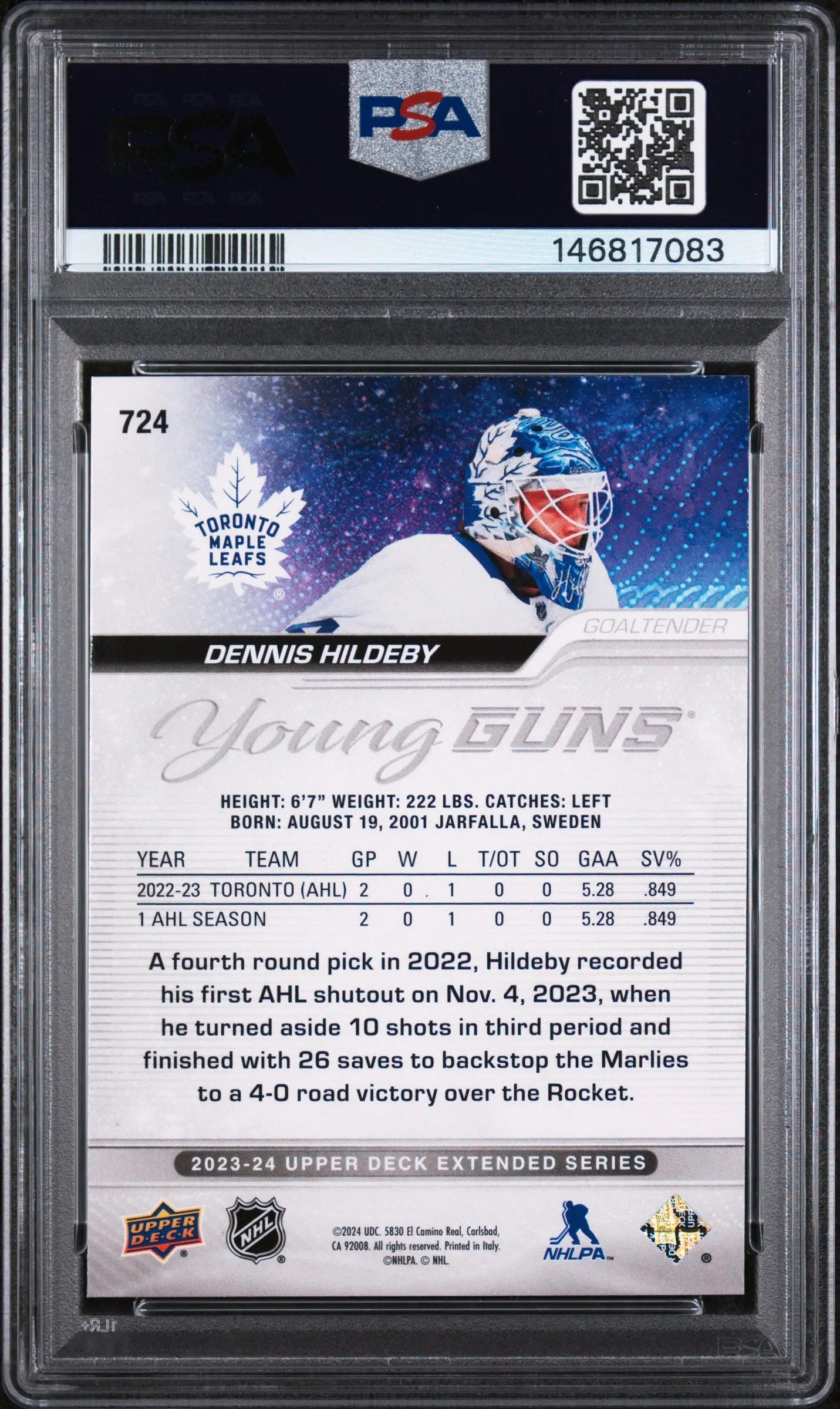 2023-24 Upper Deck Extended Series Dennis Hildeby Young Guns RC #724 PSA 9 