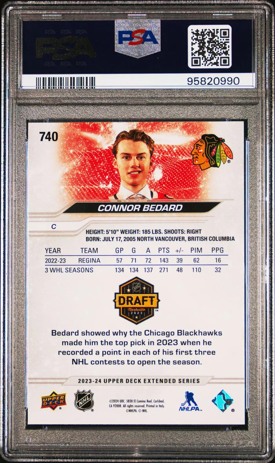 2023-24 Upper Deck Extended Series Draft Rookie Connor Bedard RC PSA 10 