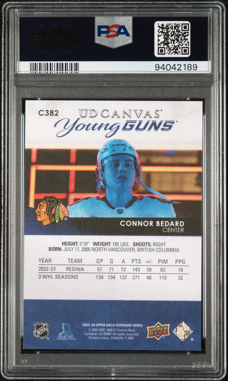 2023-24 Upper Deck Extended Series UD Canvas Young Guns RC Connor Bedard PSA 10 