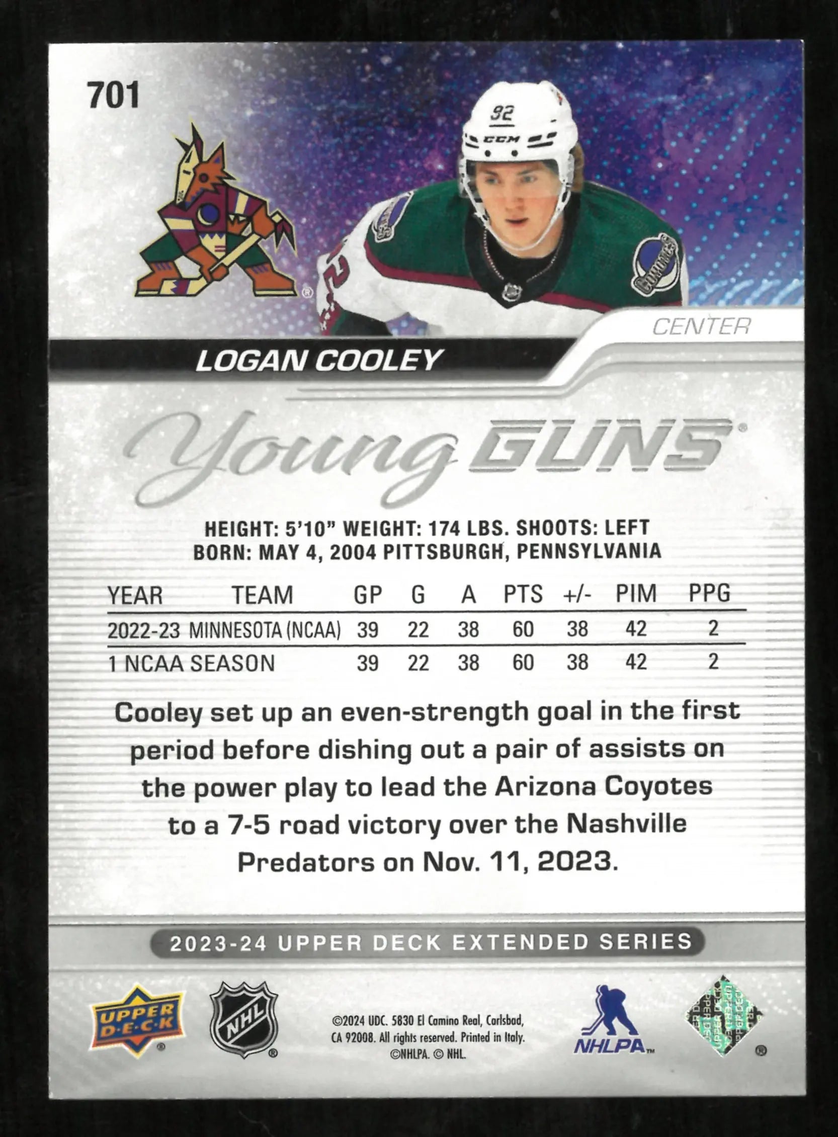 2023-24 Upper Deck Extended Series Young Guns Deluxe Logan Cooley RC Rookie  /250 