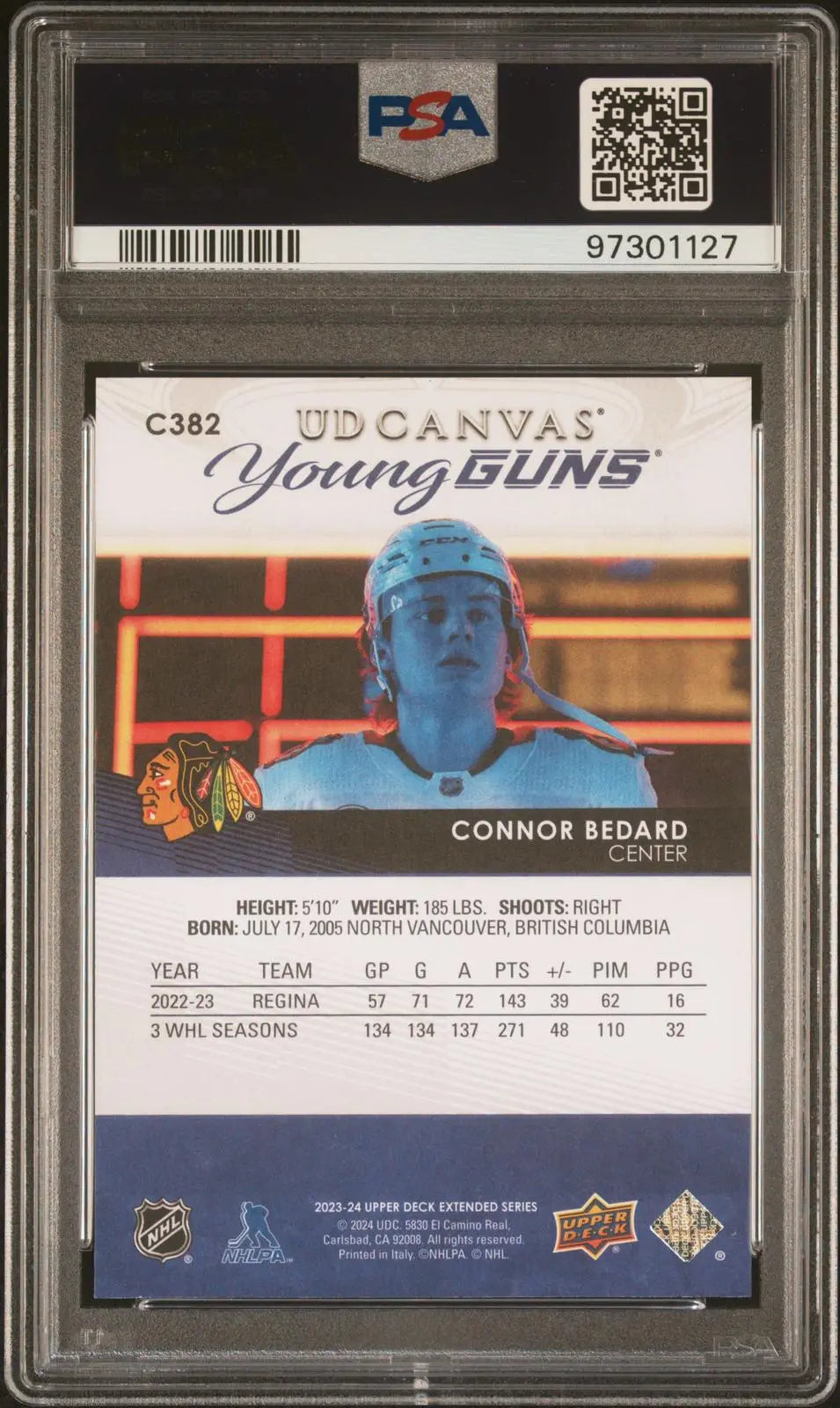 2023-24 Upper Deck Extended UD Canvas Rookie Young Guns Connor Bedard RC PSA 10 