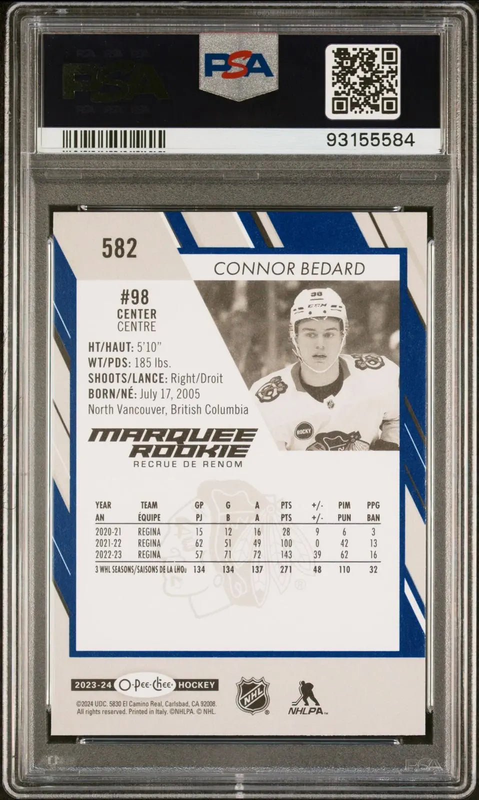 2023-24 Upper Deck O-Pee-Chee Marquee Rookie Connor Bedard RC Blue Border PSA 9 