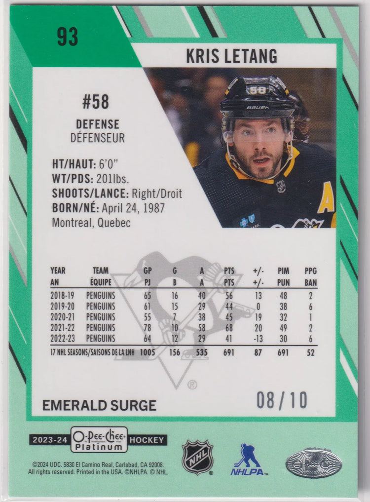 2023-24 Upper Deck O-Pee-Chee Platinum Kris Letang Emerald Surge /10 