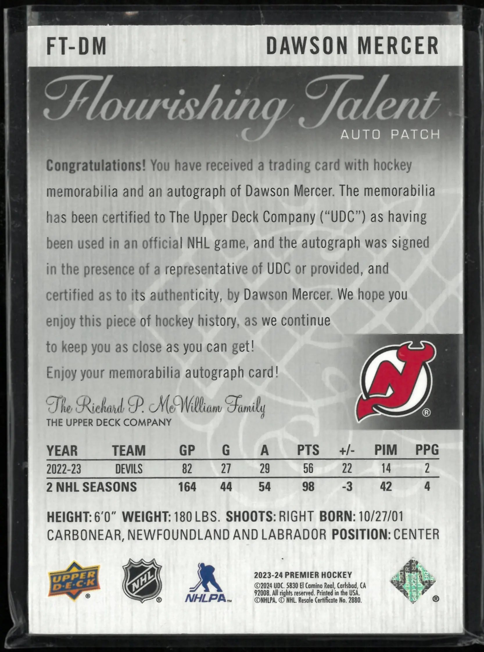 2023-24 Upper Deck Premier Flourishing Talent Auto Patch Dawson Mercer /99 