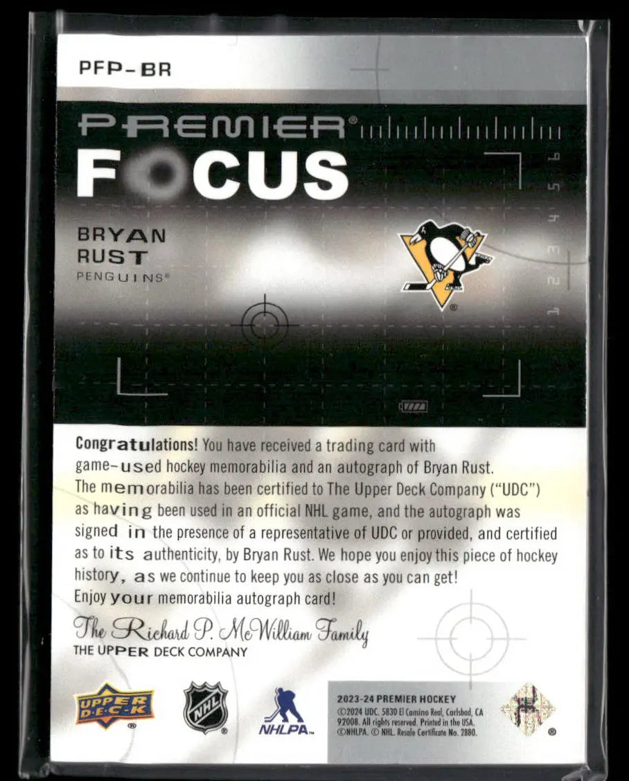 2023-24 Upper Deck Premier Focus Patch Auto Bryan Rust /50 
