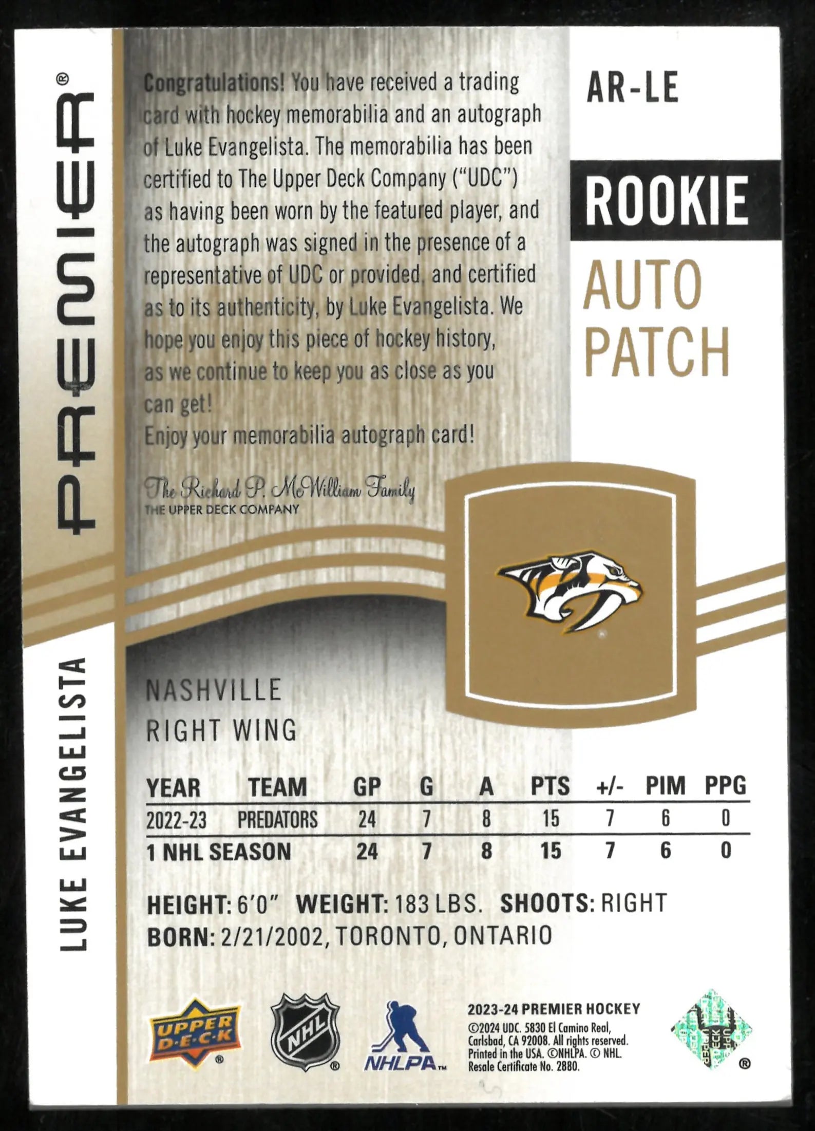 2023-24 Upper Deck Premier Gold Rookie Patch Auto Luke Evangelista /65 