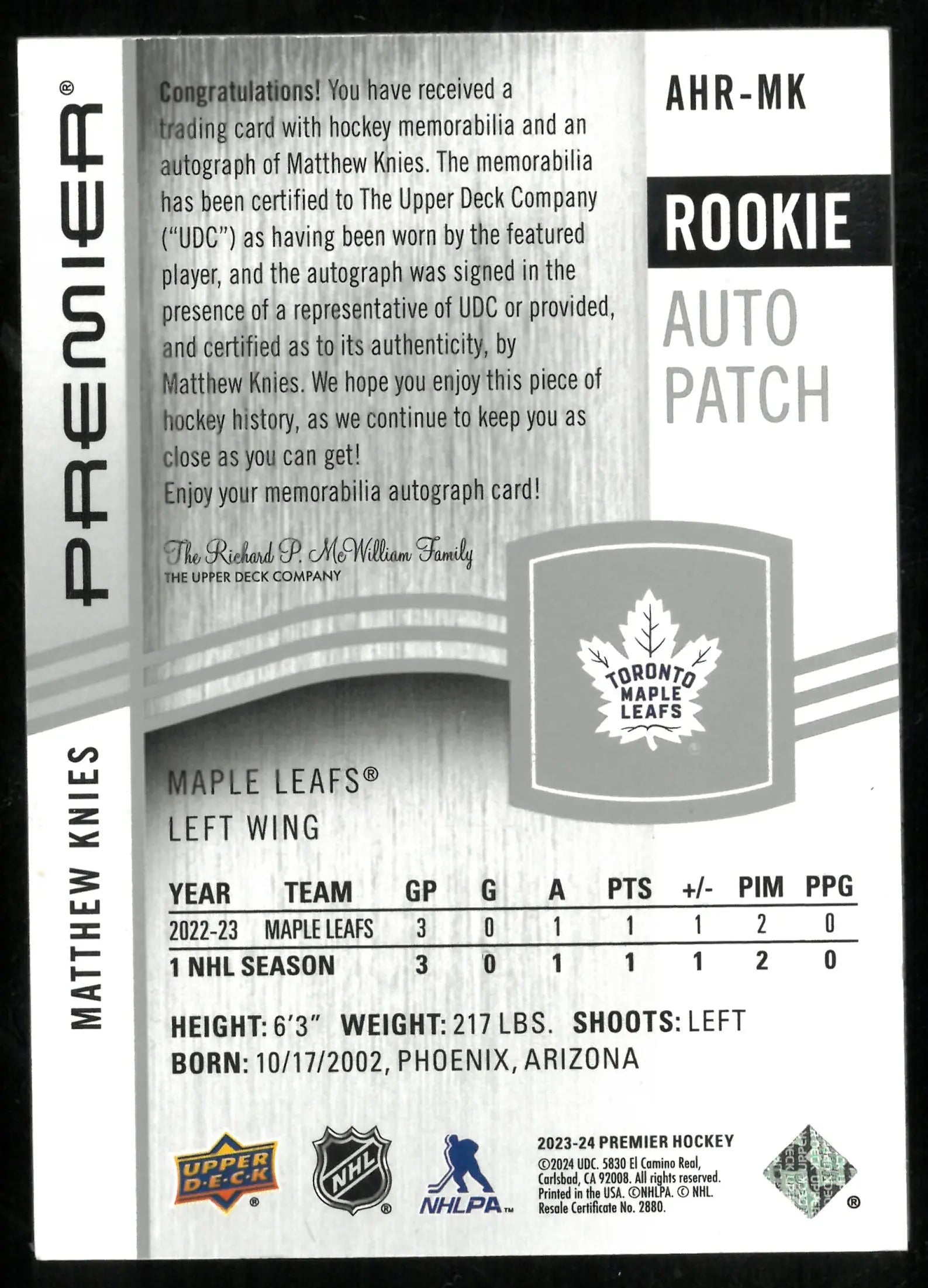 2023-24 Upper Deck Premier Hockey Rookie Auto Patch Matthew Knies /99 