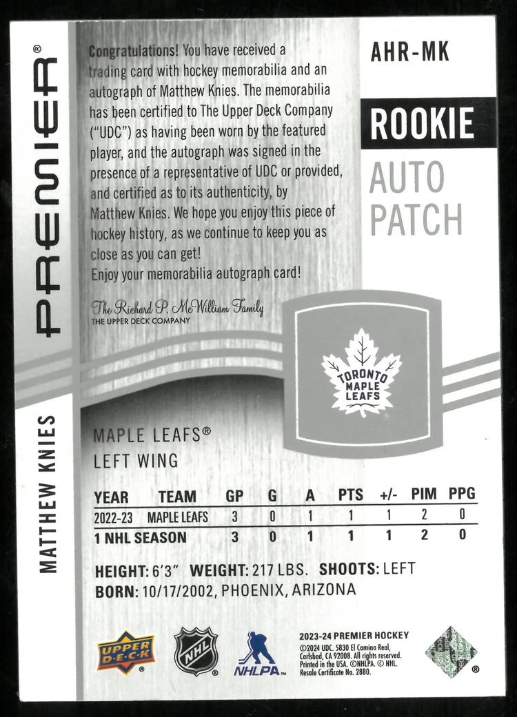 2023-24 Upper Deck Premier Hockey Rookie Auto Patch Matthew Knies /99 