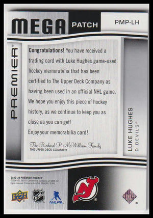 2023-24 Upper Deck Premier Luke Hughes Premier Mega Patch Chest Logos #/28 