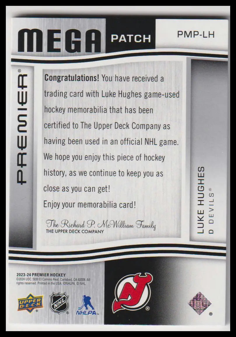 2023-24 Upper Deck Premier Luke Hughes Premier Mega Patch Chest Logos #/28 