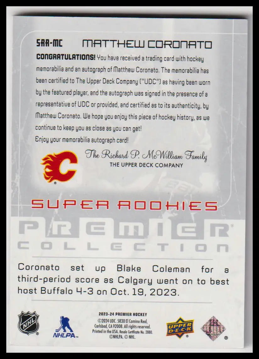 2023-24 Upper Deck Premier Matthew Coronato Super Rookies Patch Auto #/99 