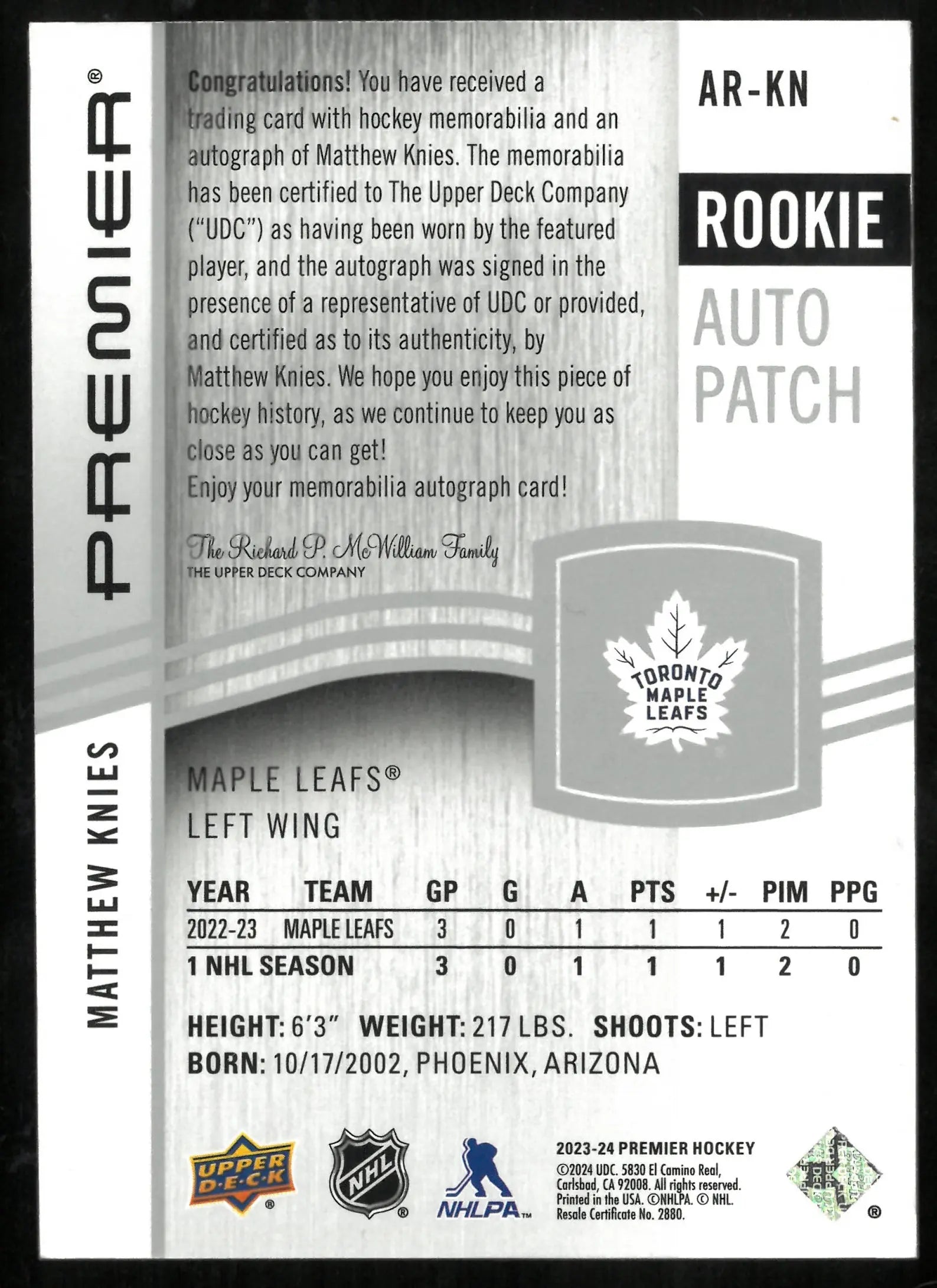 2023-24 Upper Deck Premier Matthew Knies RC Rookie Patch Auto /99 