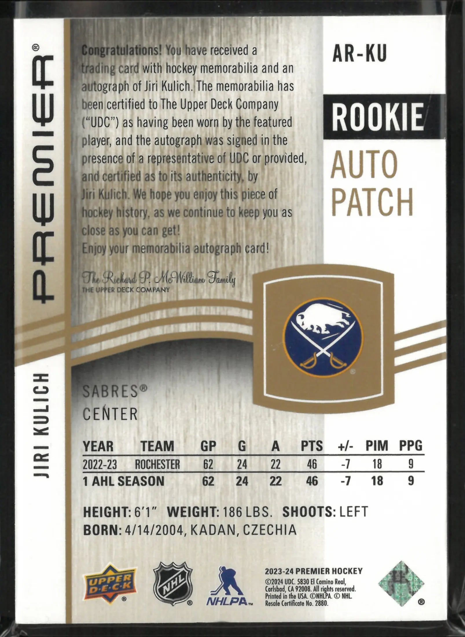 2023-24 Upper Deck Premier Rookie Auto Patch Jiri Kulich RC /65 