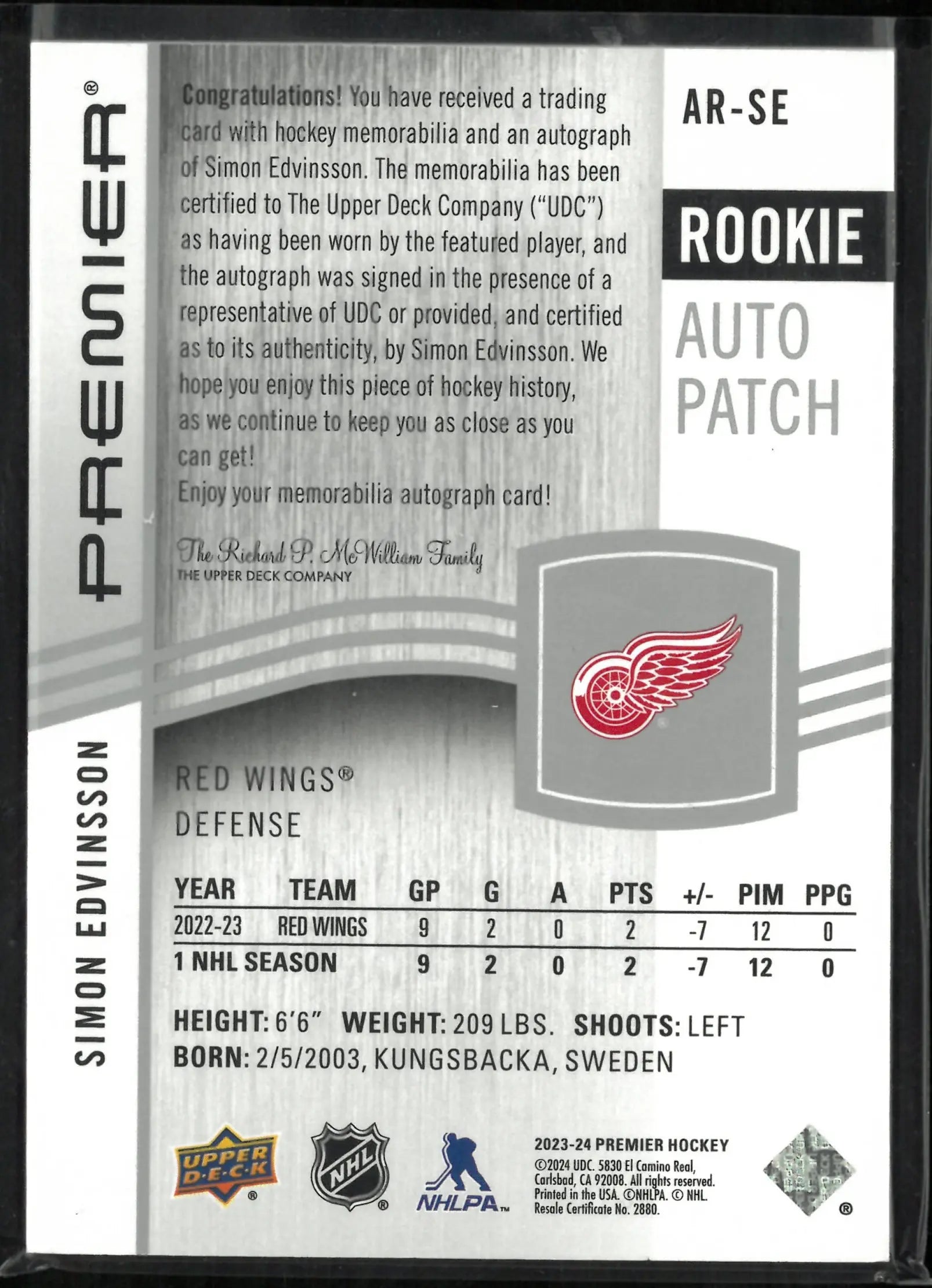 2023-24 Upper Deck Premier Rookie Auto Patch Simon Edvinsson /249 