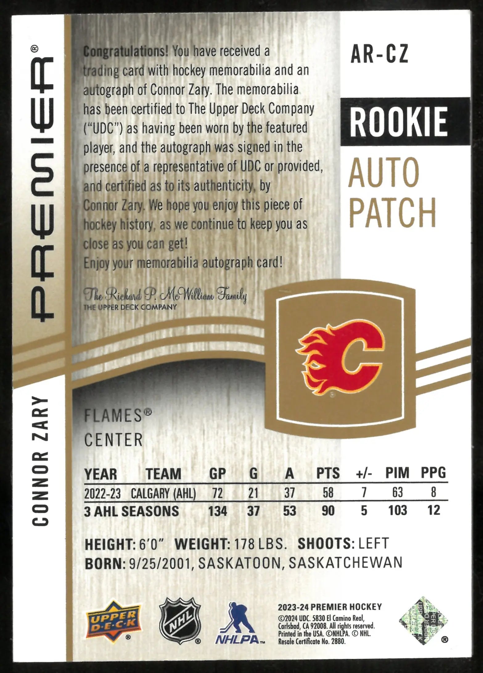 2023-24 Upper Deck Premier Rookie Patch Auto Connor Zary /65 