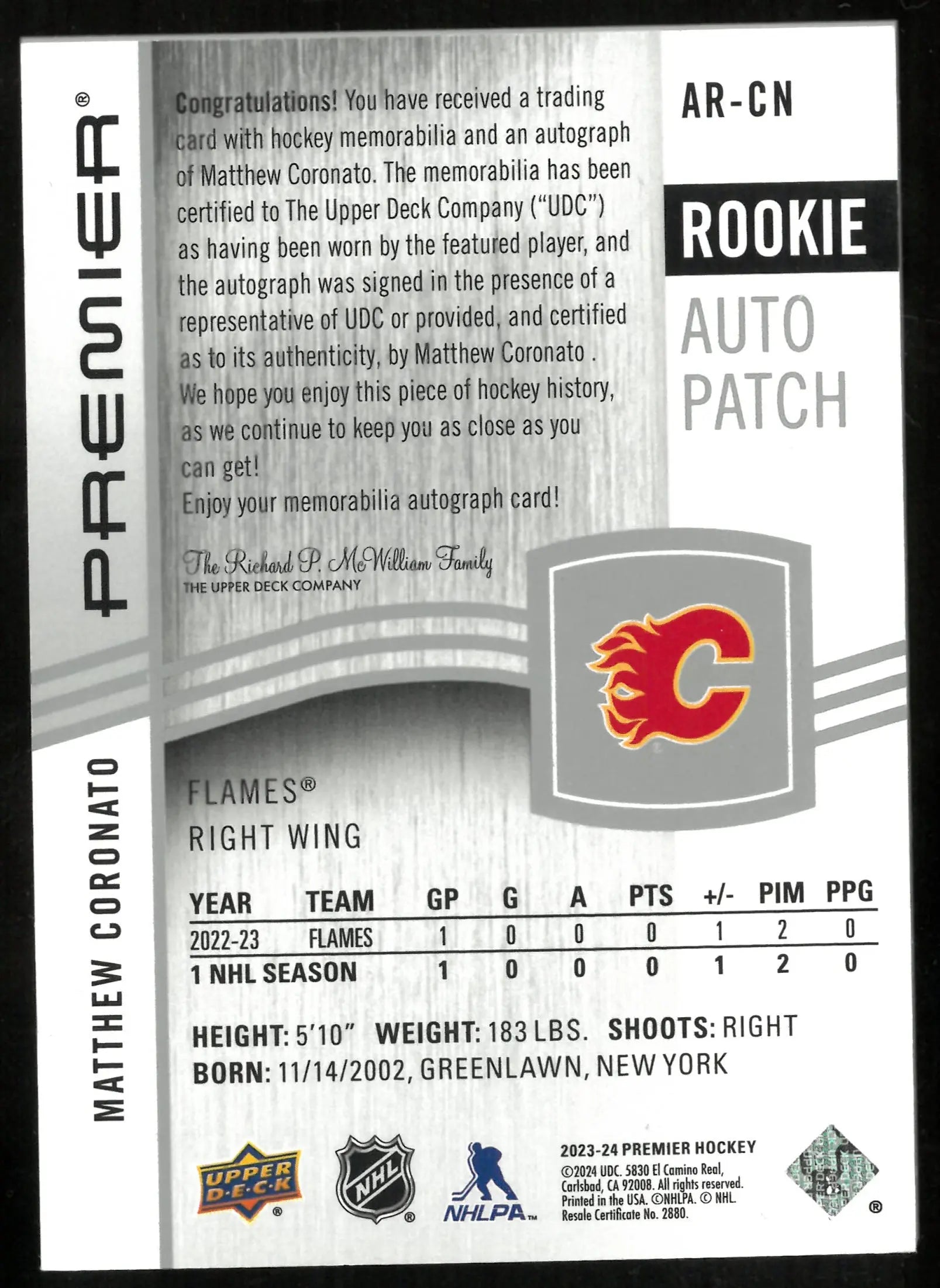 2023-24 Upper Deck Premier Rookie Patch Auto Matthew Coronato /249 