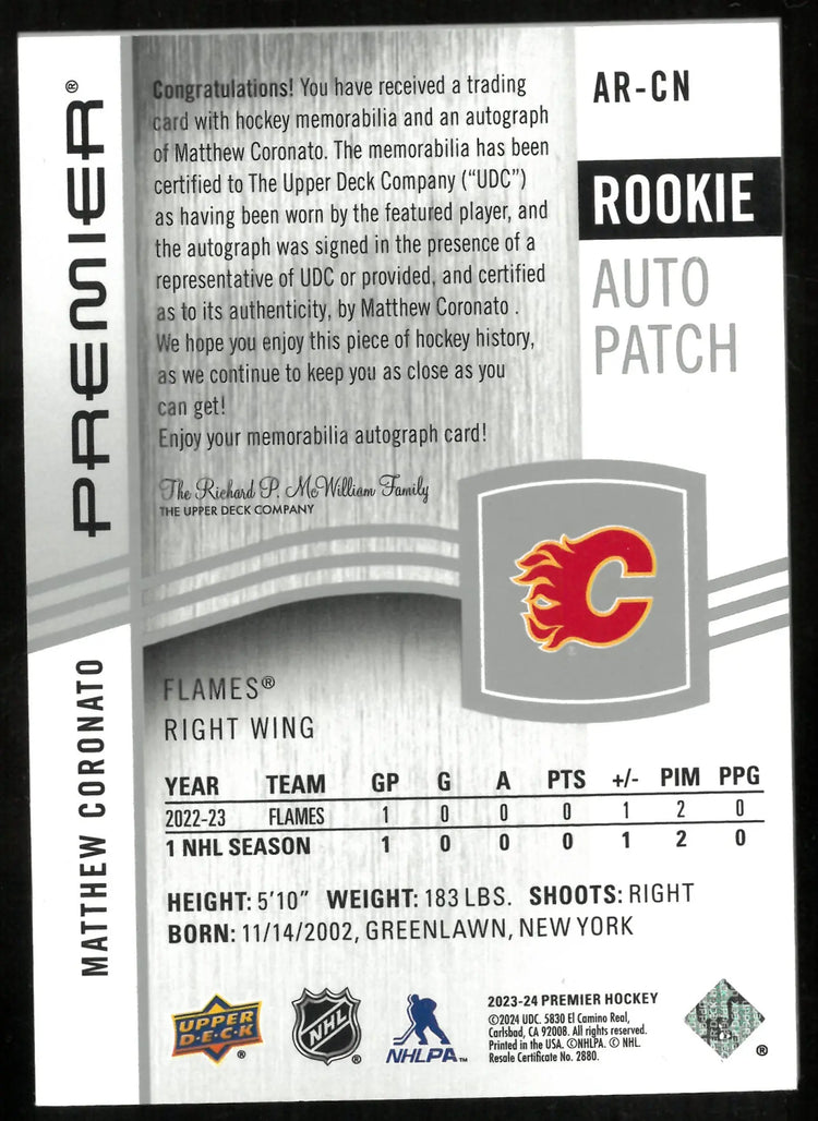 2023-24 Upper Deck Premier Rookie Patch Auto Matthew Coronato /249 