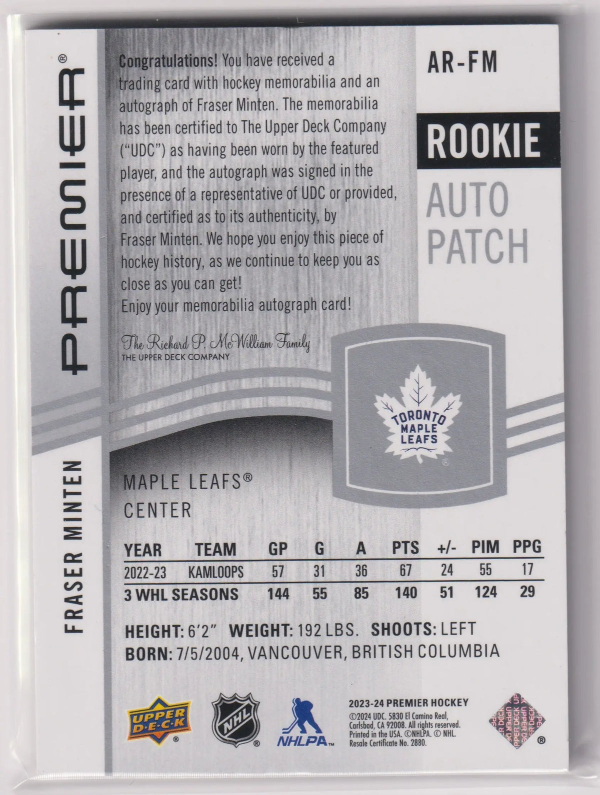 2023-24 Upper Deck Premier Rookie Patch Autograph Fraser Minten Auto /249 RC 