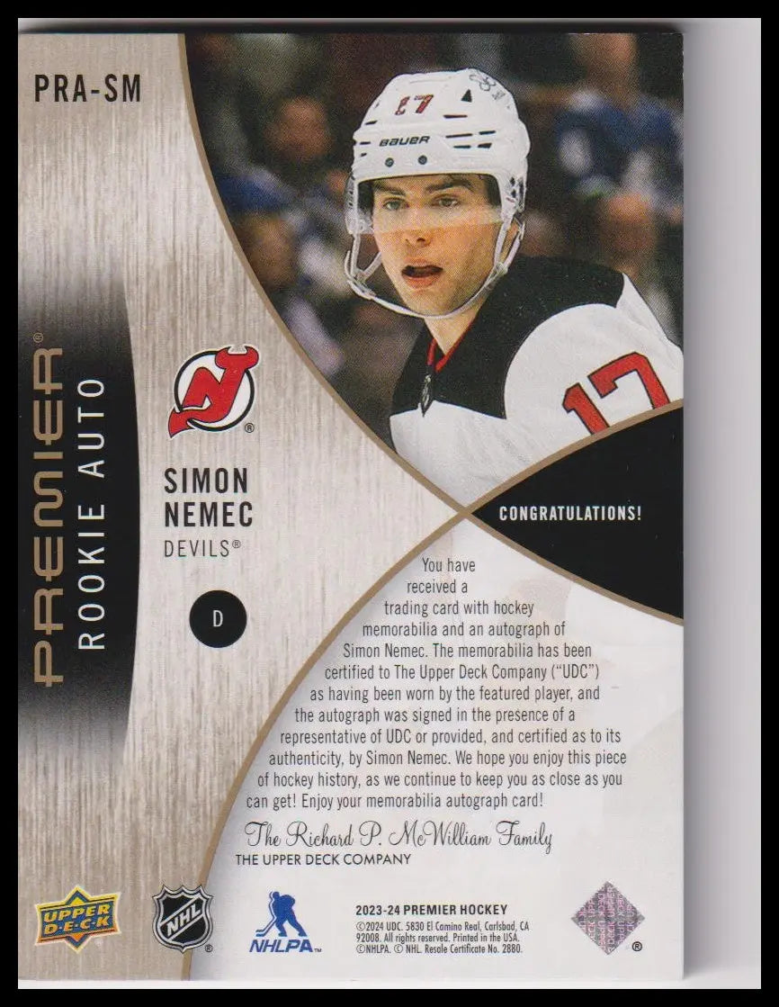 2023-24 Upper Deck Premier Simon Nemec 2023 Premier Rookie Auto Patch #/15 