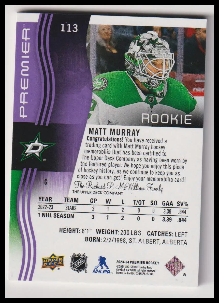 2023-24 Upper Deck Premier #113 Matt Murray Rookie Neckline Patch #/3 