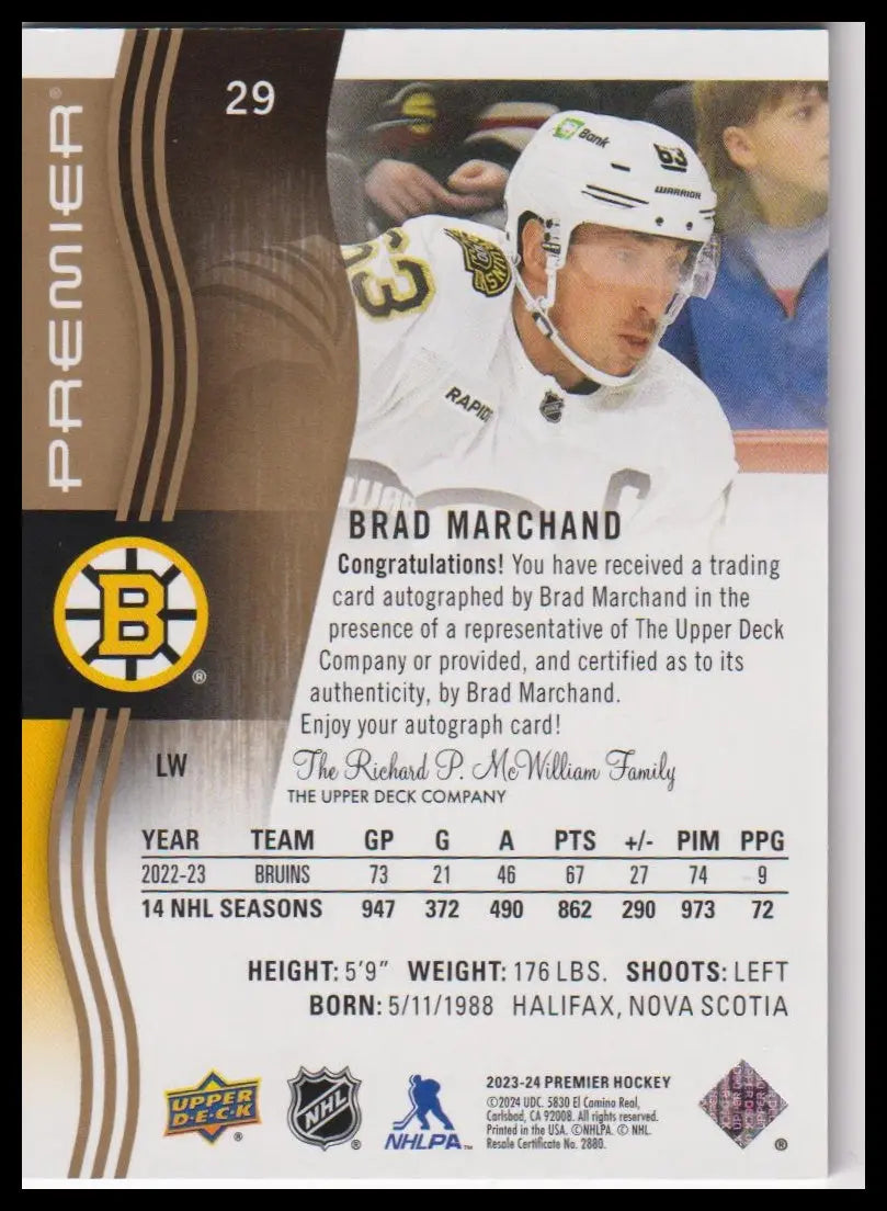 2023-24 Upper Deck Premier #29 Brad Marchand Auto Gold #/25 