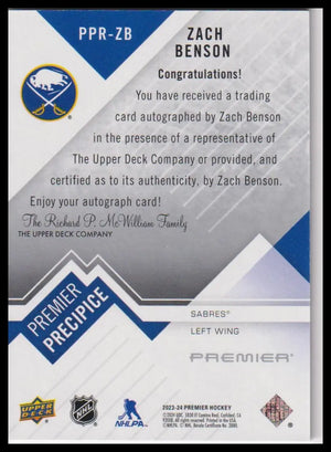 2023-24 Upper Deck Premier #PPR-ZB Zach Benson Premier Precipice Auto Rookies 
