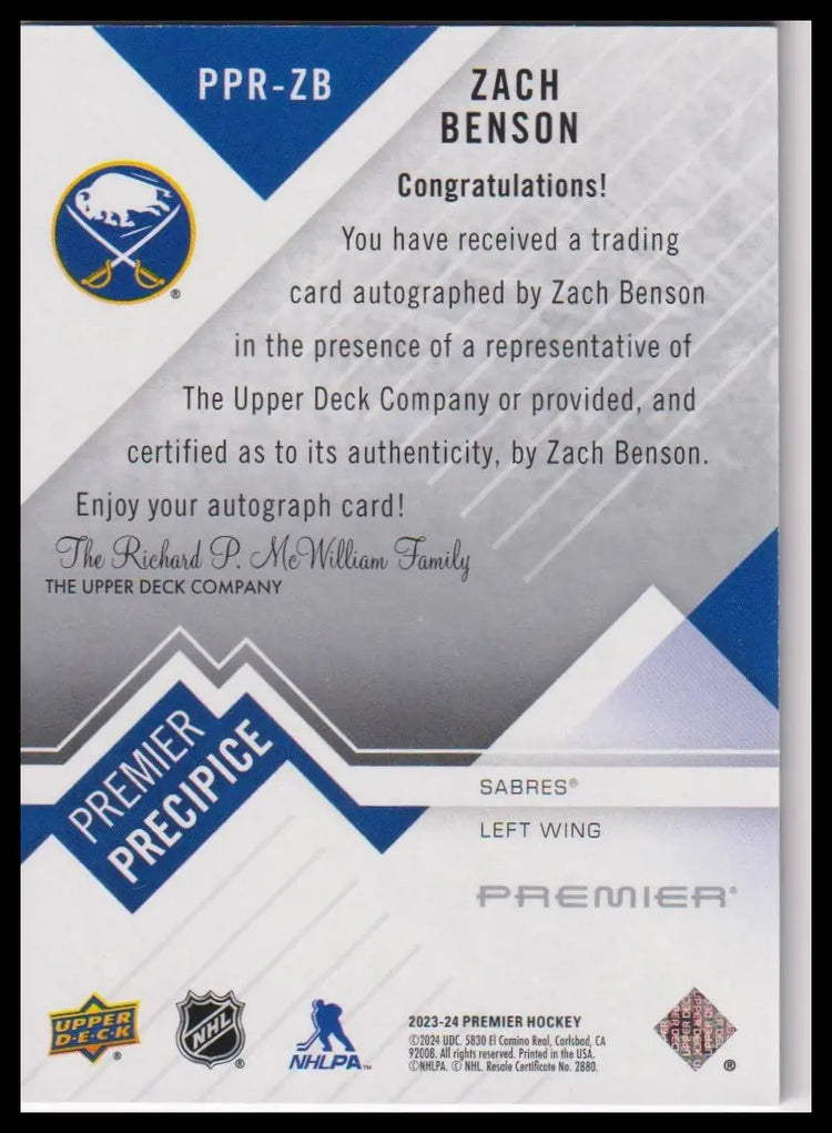 2023-24 Upper Deck Premier #PPR-ZB Zach Benson Premier Precipice Auto Rookies 