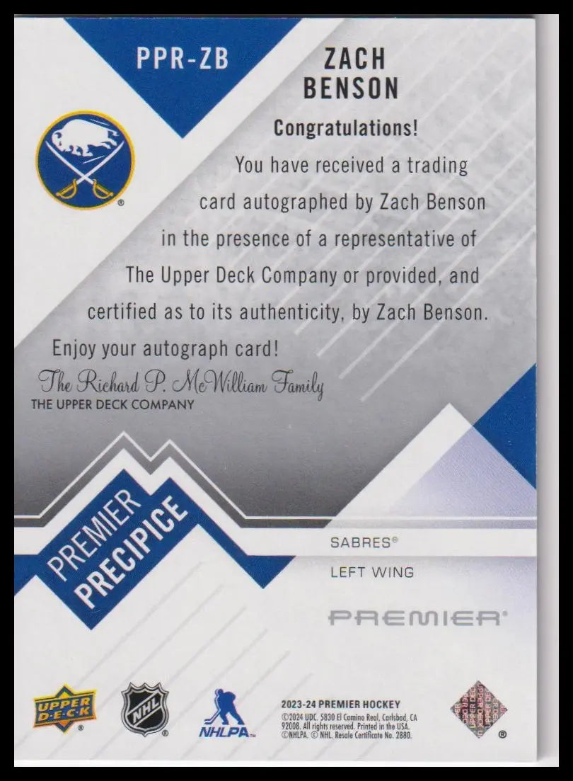 2023-24 Upper Deck Premier #PPR-ZB Zach Benson Premier Precipice Auto Rookies 
