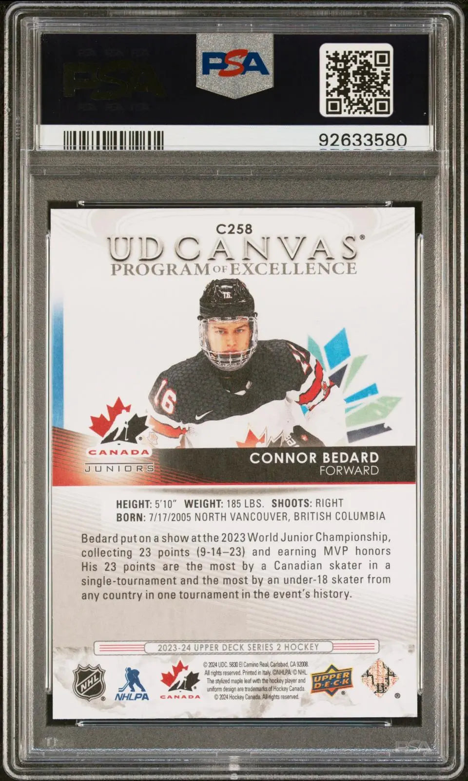 2023-24 Upper Deck S2 UD Canvas Program of Excellence Connor Bedard PSA 10 