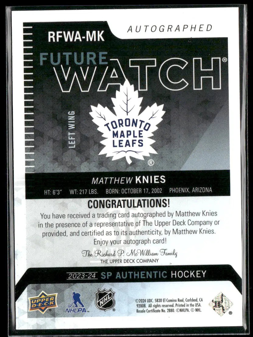 2023-24 Upper Deck SP Authentic Hockey Retro Future Watch Rookie Auto Matthew Knies /199 