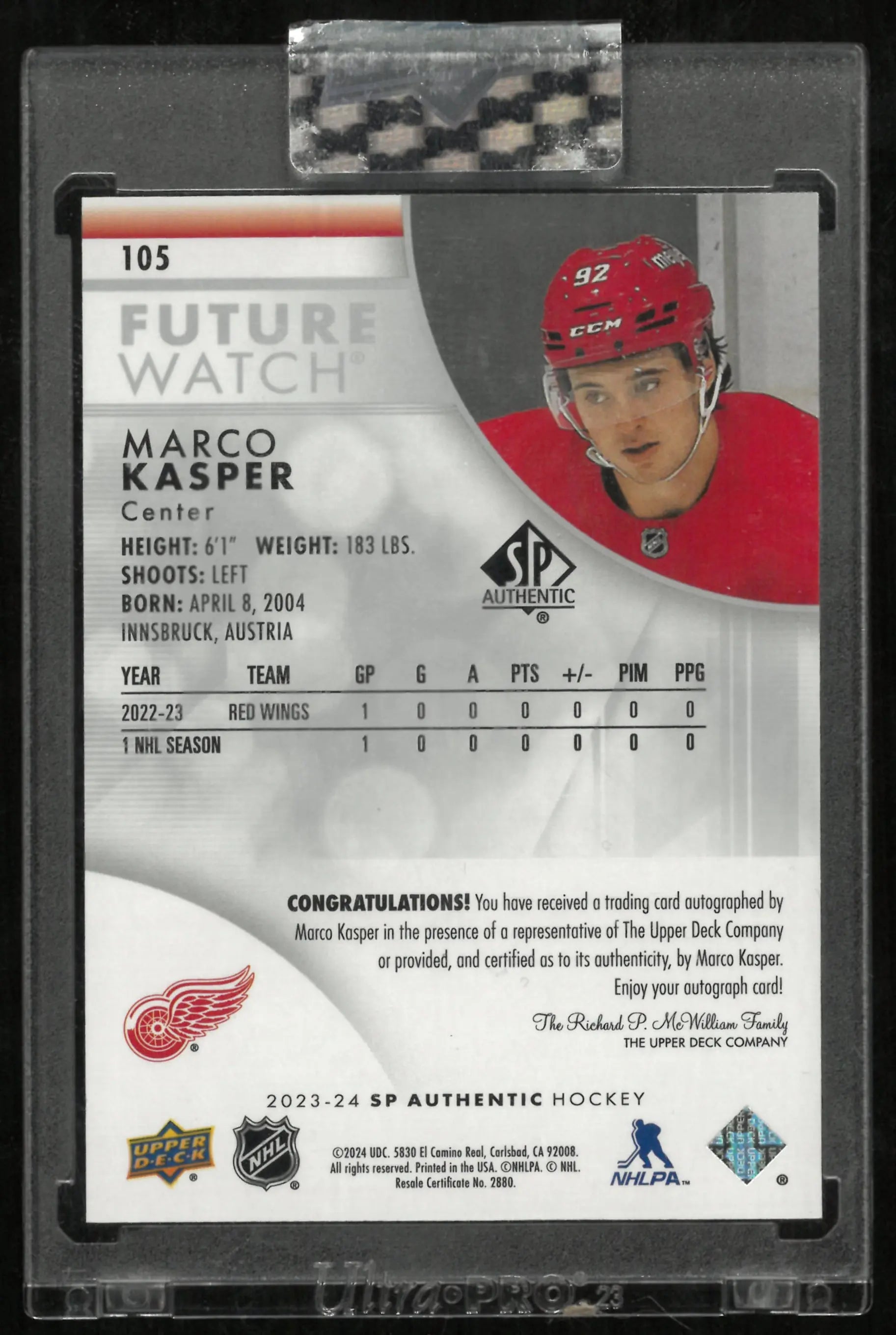 2023-24 Upper Deck SP Authentic Marco Kasper RC Rookie Future Watch Auto /999 