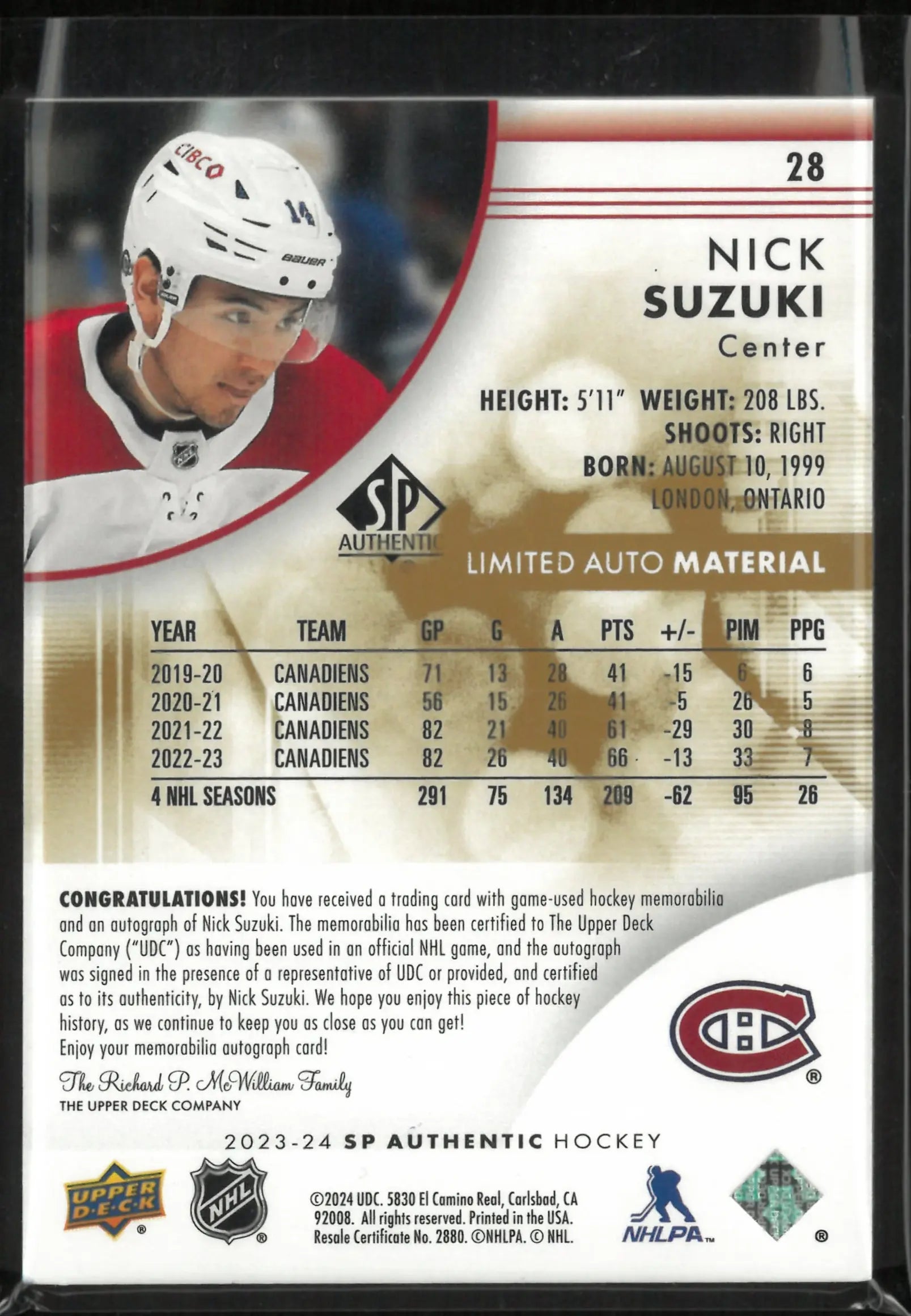 2023-24 Upper Deck SP Authentic Patch Auto Nick Suzuki 31/50 