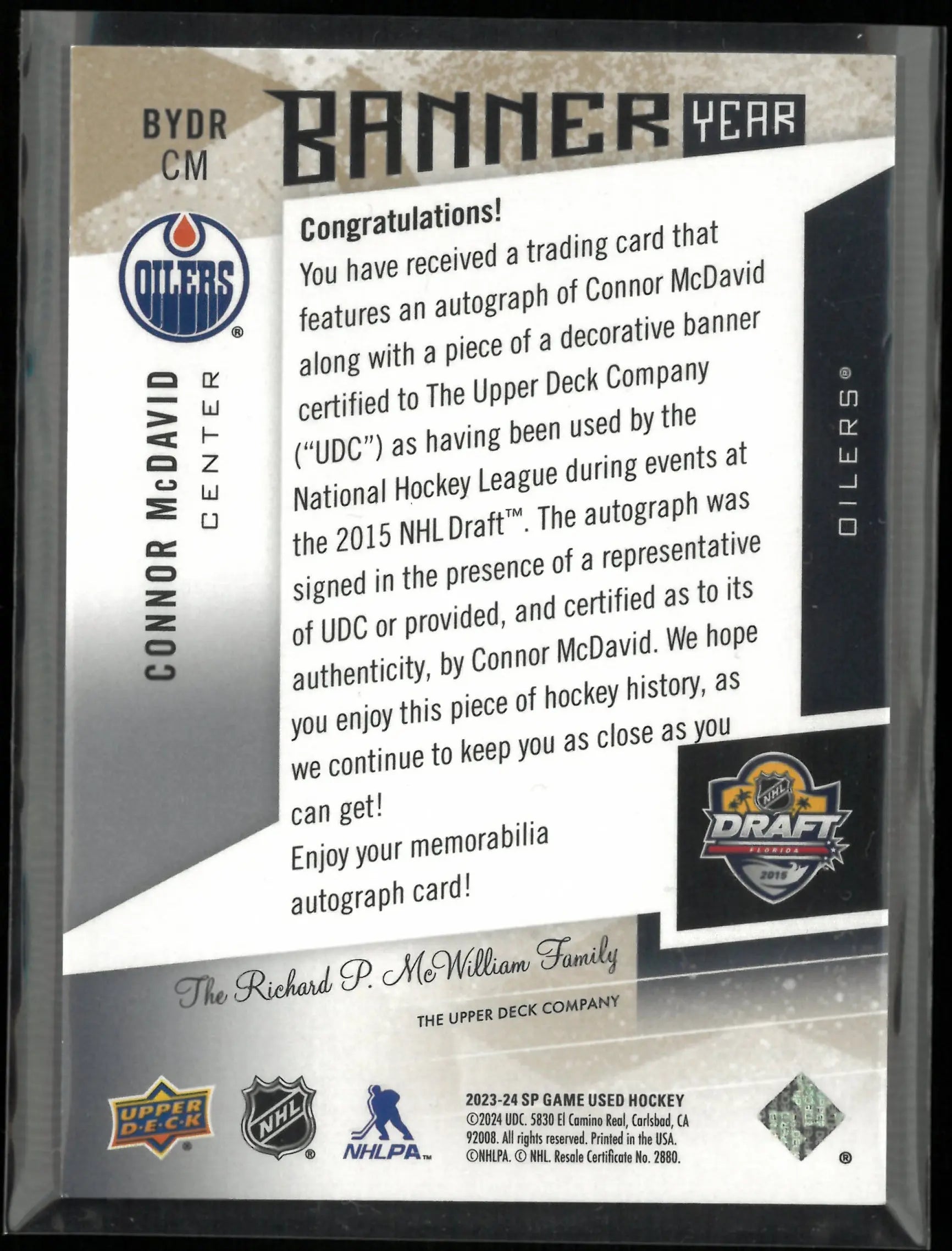 2023-24 Upper Deck SP Game Used Banner Year Connor McDavid Autograph /10 