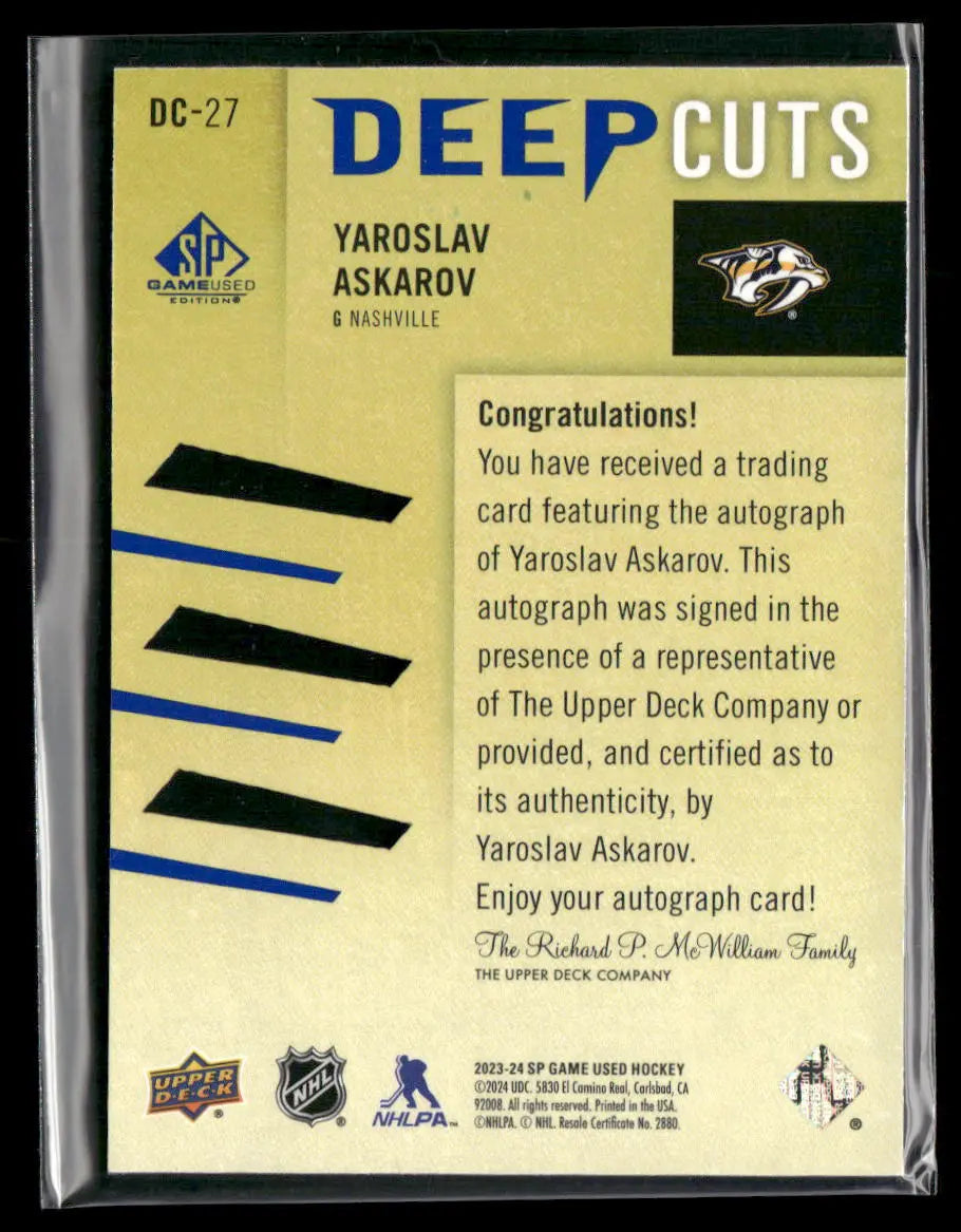 2023-24 Upper Deck SP Game Used Gold Deep Cuts Yaroslav Askarov /75 
