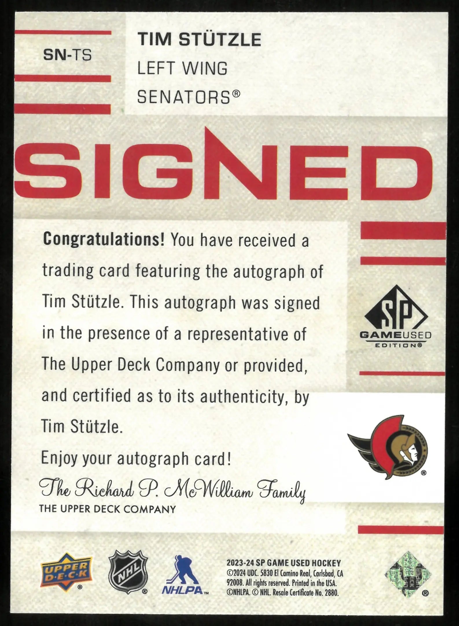 2023-24 Upper Deck SP Game Used Gold Signed Auto Tim Stutzle /5 