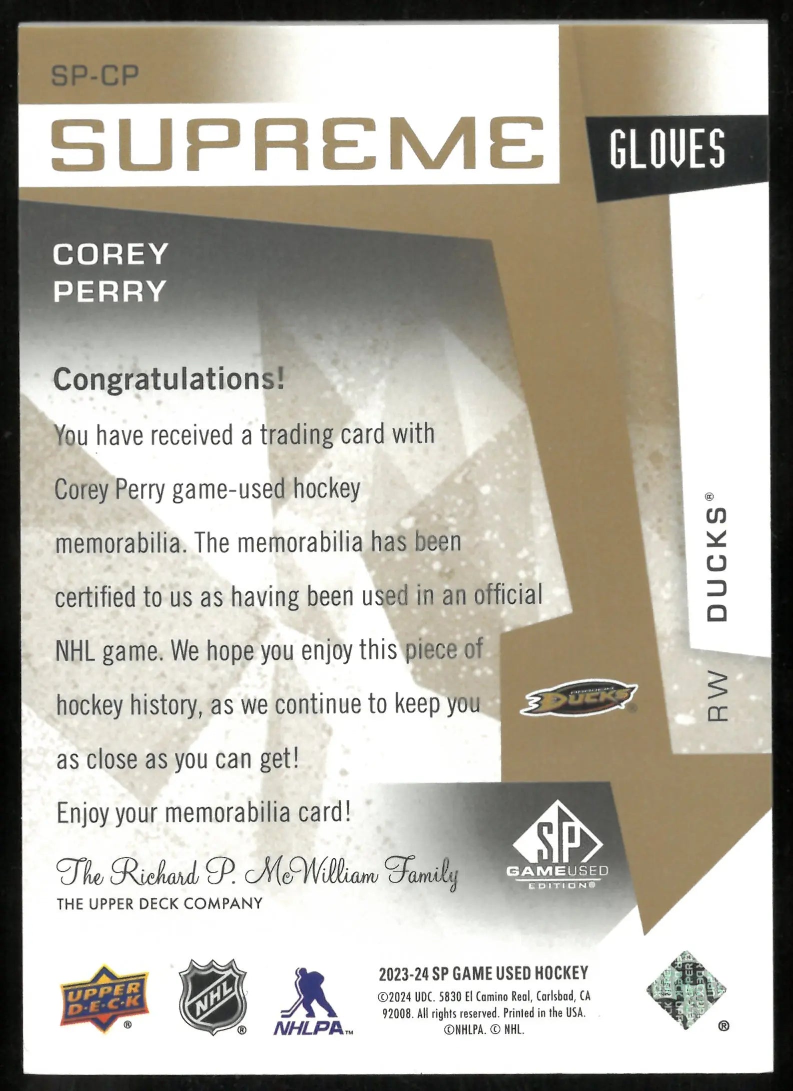 2023-24 Upper Deck SP Game Used Gold Supreme Gloves Corey Perry /15 